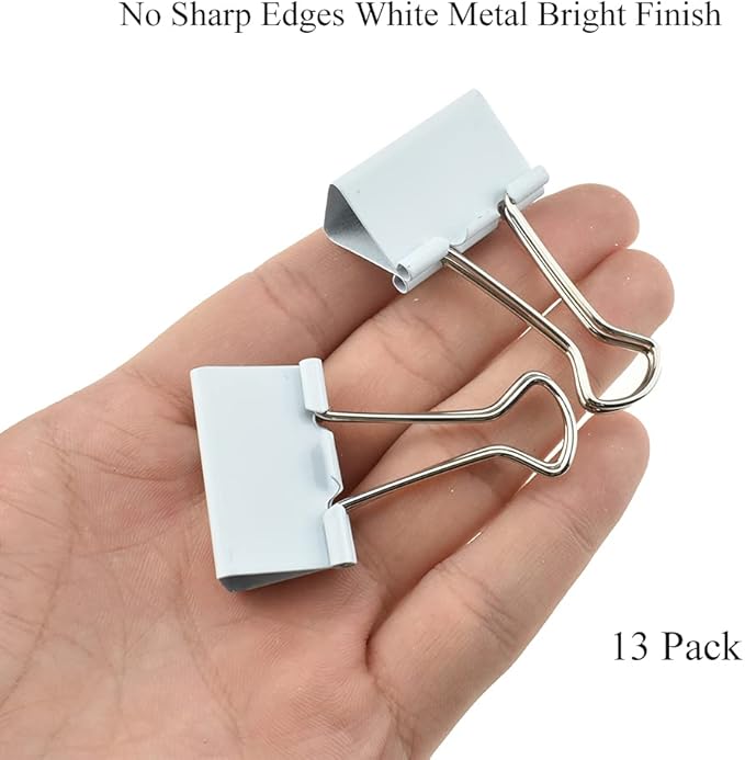 HAHIYO Binder Clips Paper Clamps Spring Steel Sturdy Medium 1.26 inches Width 0.39 Inch Capacity No Sharp Edges Heavy Duty Tight Grip Reusable White Metal Bright Finish for Home Office School 13 Pack