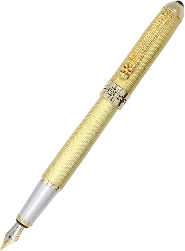 Gullor Fountain Pen with Ink Converter, Golden Dragon Clip, Executive Pen for Smooth Writing, Fine Nib, White
