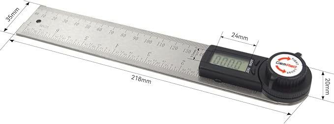 GemRed 82305 Digital Angle Finder GemRed Protractor Stainless steel 7inch 200mm (Black Button)