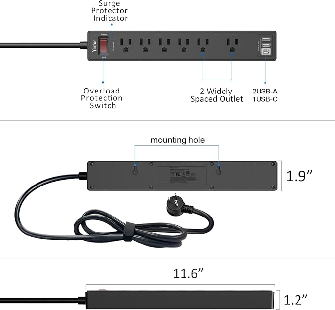 15Ft Power Strip Surge Protector - Yintar Extension Cord with 6 AC Outlets and 3 USB Ports for Home, Office, Dorm Essentials, 1680 Joules, ETL Listed, Black
