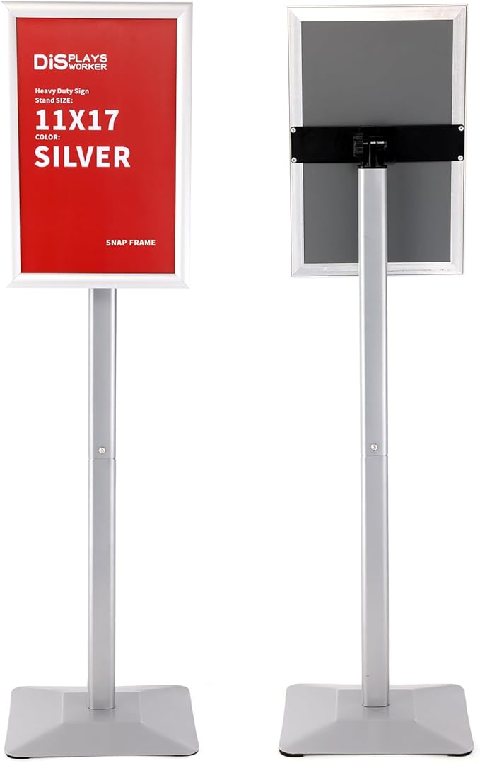DISPLAYSWORKER Adjustable Heavy Duty Pedestal Sign holder floor Stand,sign stand poster stand Aluminum Snap Open Frame,Standing Floor for 11x 17 inch,Vertical/Horizontal View,SILVER