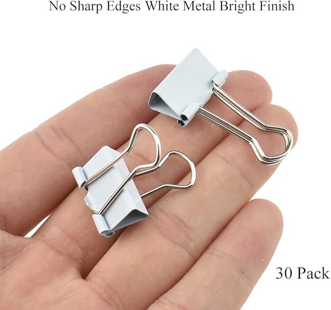 HAHIYO Binder Clips Paper Clamps Spring Steel Sturdy Small 0.75 inches Width 0.2 Inch Capacity No Sharp Edges Heavy Duty Tight Grip Reusable White Metal Bright Finish for Home Office School 30 Pack