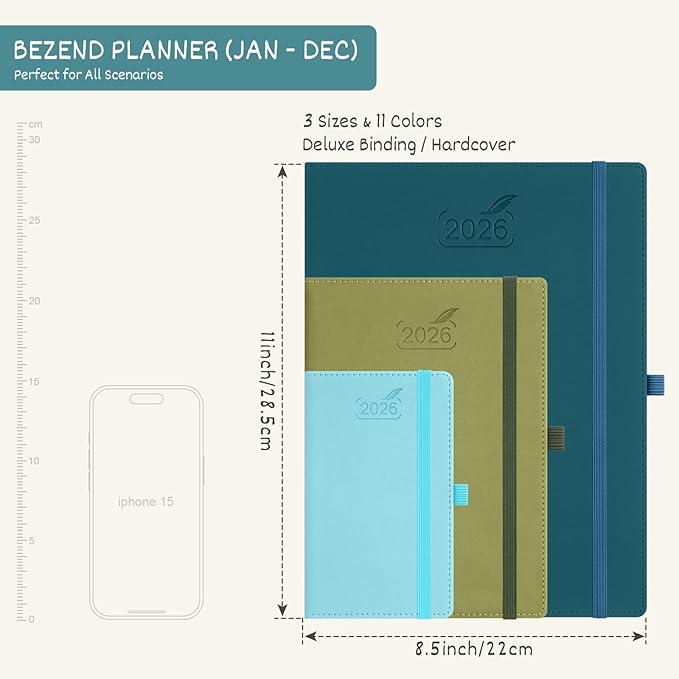 BEZEND 2026 Planner Weekly and Monthly (8.5" x 11") Daily Calendar with Half-Hourly Timeslots & Tab (Jan-Dec) Note & Expenses, Pen Holder, Inner Pocket, Vegan Leather Hardcover - Blueberry