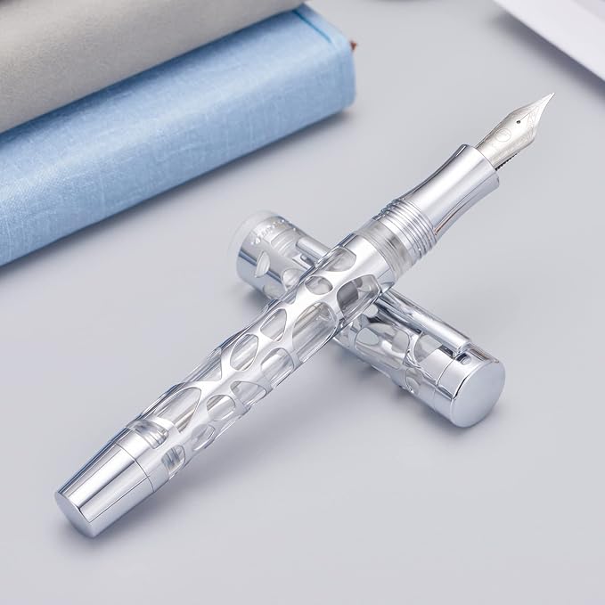 Asvine V169 Vacuum Filling Fountain Pen Medium Nib, Water Drop Skeleton Transparent Clear Acrylic Pen Case Set