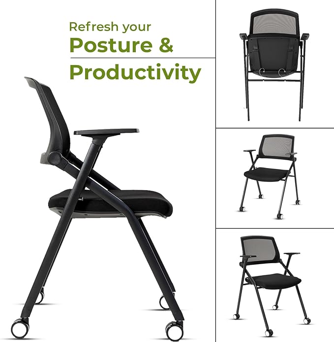 Folding Conference Room Chairs Set of 2 Black Guest Reception Chair for Office, Waiting Room, Meeting, Lobby, Church