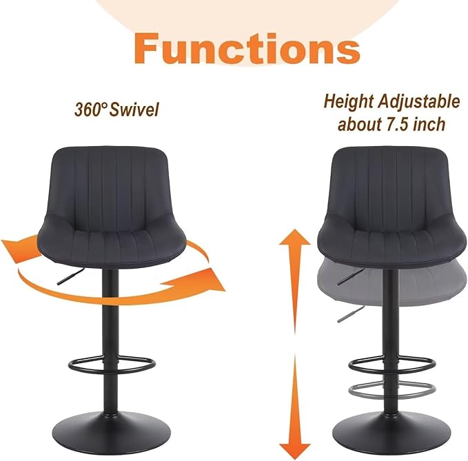 Bar Stools Set of 4, Swivel Counter Height Barstools with Back, Adjustable PU Leather Bar Chairs, Modern Armless Kitchen Island Stool, Black