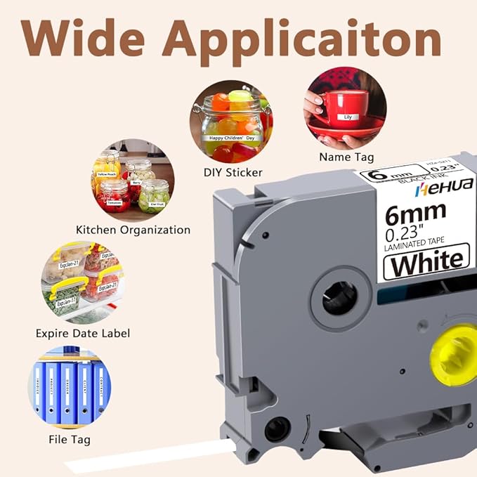 Hehua 6mm 0.23 Extra Strength Adhesive Laminated White Tape Compatible for Brother TZe-S211 TZeS211 TZ-S211 TZS211 for Ptouch PT D210 D200 H110 H100, 1/4'' x 26.2ft Black on White, 4 Pack