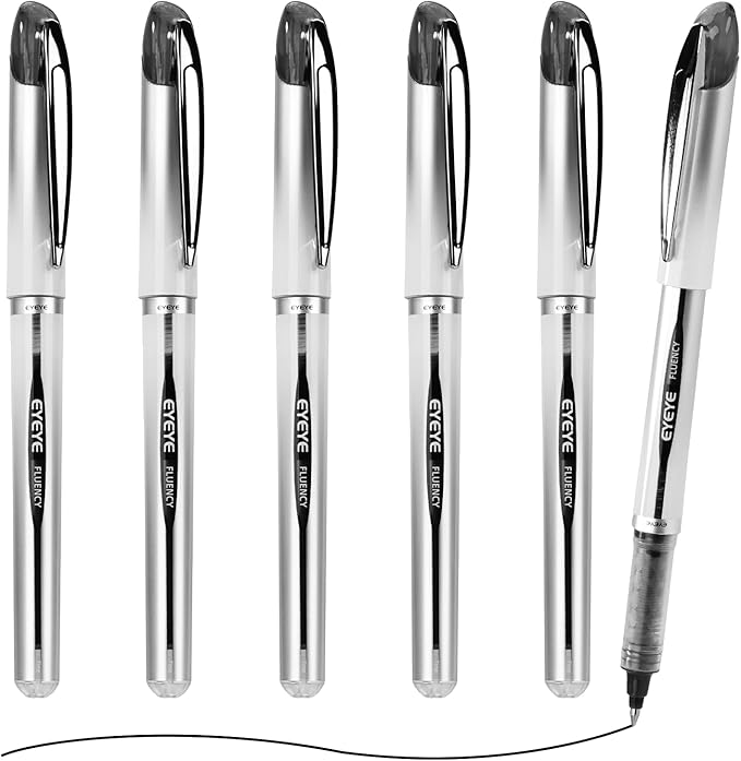 EYEYE 0.7mm Rollerball Pens Fine Point, 6 Pack of Pen Black Roller Ball Medium Point Quick Dry, Liquid Ink Pen Fine Point Smooth Writing Pens for Journaling, Note Taking, Office, School Supplies