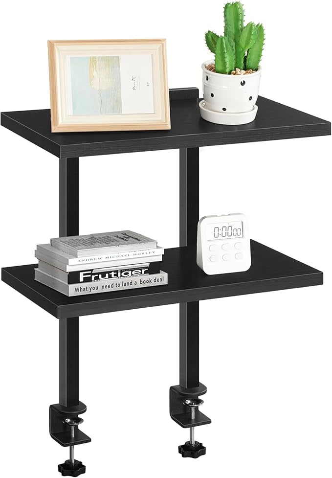 Clamp On Desk Organizer, 2-Tier Desktop Bookshelf, Adjustable Desk Storage Shelf, Metal Frame, for Office, Study and Game Room, Black DSBK3501