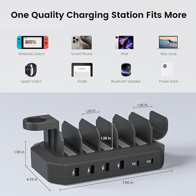 190W Fast Charging Station for Multiple Devices【Efficient & Safe Charging】 6 Port USB Charger Station - Family Multi-Device Organizer Charging Dock Compatible with iPhone/Android/MacBook/iPad/Tablet
