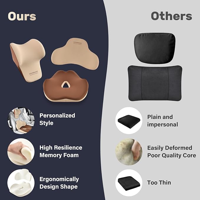 Coverado Seat Cushion and Lumbar Support Headrest Pillow for Car Office Chair, Ergonomic Memory Foam Chair Cushion Back Neck Support Pillow, Sciatica & Back & Tailbone Pain Relief Cushion-Beige