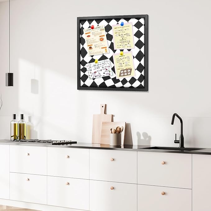 Cork Bulletin Board with Decorative Black and White Linen – 20x20 Inch Square Pin Board for Walls, Girls Vision Board for Organizing Notes, Photos & Reminders, Perfect for Office & Home