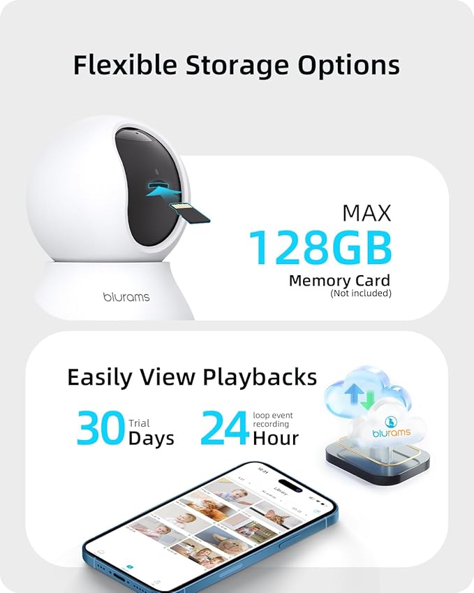 blurams Security Camera 2K, Baby Monitor Dog Camera 360-degree for Home Security (White + 64GB TF Card)