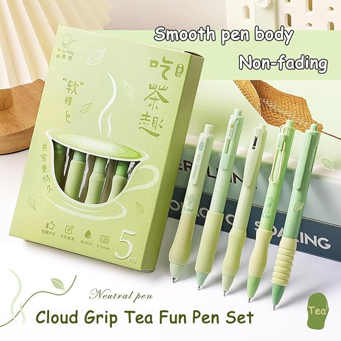 Cute Gel Pens 5Pcs Retractable Quick Dry Ink Pens 0.5mm Fine Point Black Ink Kawaii Smooth Writing Pens for School Office Supplies Aesthetic pretty pens (Green tea)