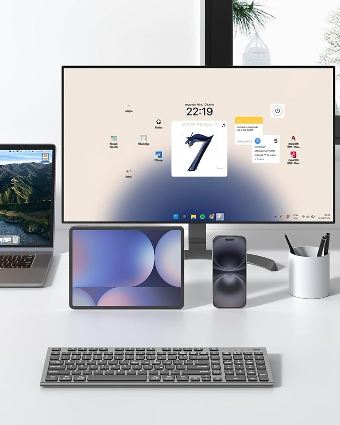 FENIFOX Wireless Keyboard, Bluetooth + USB Ergonomic Silent Quiet Rechargeable with Number Pad Compact Full Size Multi Device Keyboards for iPad Tablet Mac Computer Surface PC MacBook Laptop Blcak