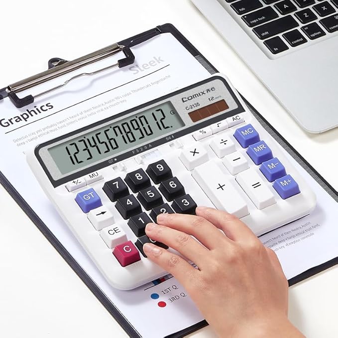 Comix Desktop Calculator Solar Battery Dual Power with 12-Digit Large LCD Display and Large Computer Keys Standard Function Calculator for Home Office School, White