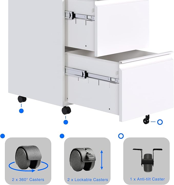 Aobabo 2 Drawer File Cabinet with Lock,Metal Filing Cabinet with Wheels for Home Office & Business Enterprise, Legal/Letter Size, Fully Assembled Except Wheels, White