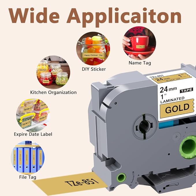 Hehua 24mm 0.94 Black on Gold Laminated Tape Compatible for Brother P-Touch TZe-851 TZe851 TZ-851 TZ851 Label Maker Tape for Ptouch PT D600 D610 P710BT, 1'' x 26.2ft, 3 Pack