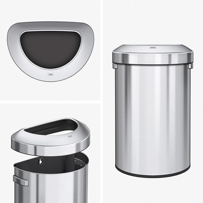 EKO Urban 21 Gallon Semi-Round Open Top Waste Bin, Stainless Steel Half Round Commercial Trash Can for Indoor and Outdoor, Extra Large Metal Garbage Bin for Home, Office, Restaurant, Restroom, 80L