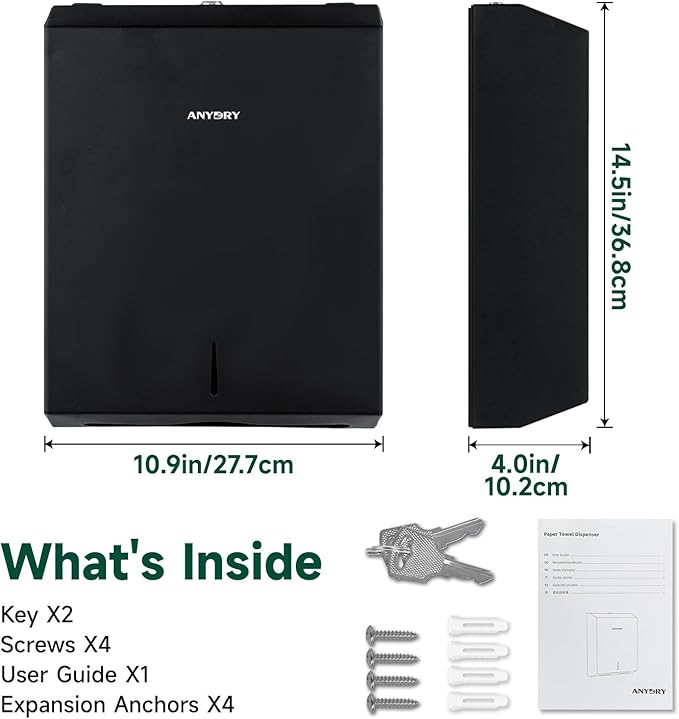 Commercial Paper Towel Dispenser Wall Mount 400-Sheet Capacity Matte Black Stainless Steel Lockable Fits Multifold/Z-Fold Towels (Folded Size ≤ 10.6" x 3.9")