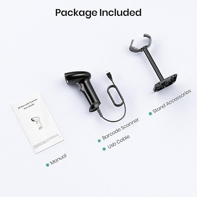 Barcode Scanner with Stand, USB Wired Inventory 2D 1D QR Code Scanner for Computer POS MAC with Automatic Screen Scanning, Handheld CMOS Image Bar Code Reader for Warehouse Library Supermarket