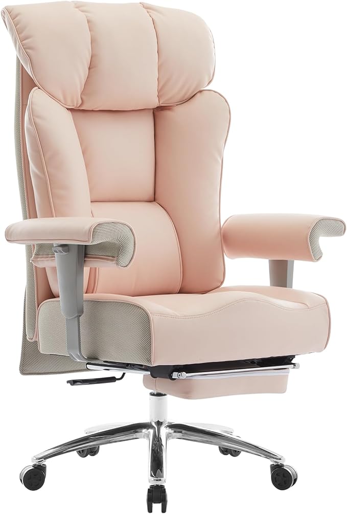 Efomao Big and Tall Ergonomic Office Chair 450LBS with Foot Rest, High Back PU Leather Executive Chair with Adjustable Padded Armrests, Lumbar Support for Home or Work, Heavy Duty Computer Chair, Pink