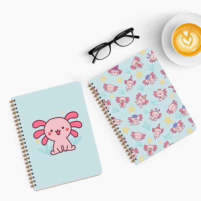2 Pcs Axolotl Spiral Notebooks for Work, A5(8.3x5.8inch) Composition Notebook College Ruled Note Book, Cute Animal Hardcover Notepads Diary Lined Travel Journal for Writing, Axolotl Gifts for Women