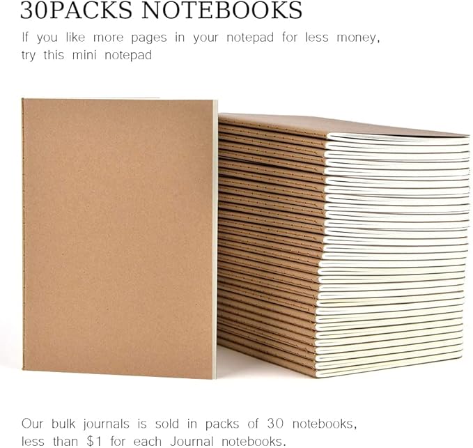 30 Pack Journal Notebook, Kraft Cover Lined Paper Journal for Traveler, Notes, Memo - Bulk Journals Sewn Brown Notebook, 80 Pages, 8.3'' x 5.5''