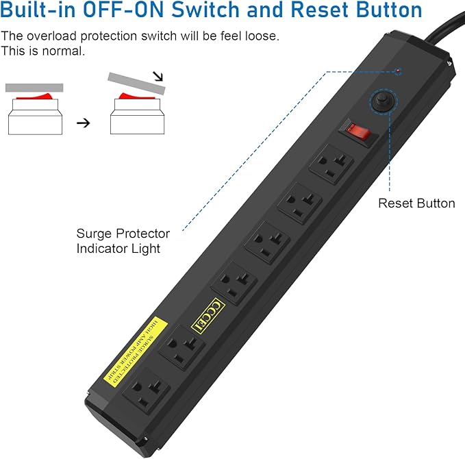 CCCEI Heavy Duty Power Strip Surge Protector 20 Amp, High Amp Industrial Shop Garage Metal Multiple Outlets, 15 FT 12 Gauge 5-15P Extension Cord 6 Outlet 6-20R T-Slot 20a for Appliance. Black.