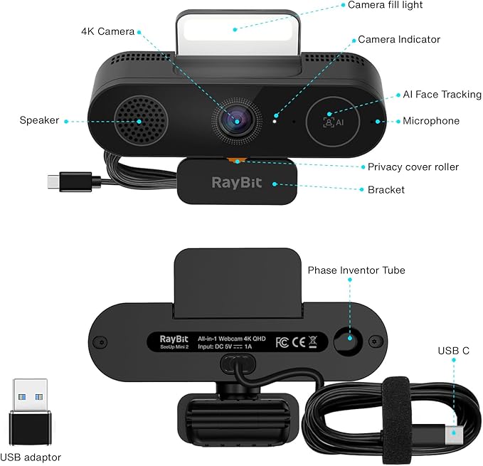 5-in-1 Design 4K Webcam with Speaker and Microphone, Built-in Light, Privacy Cover, AI Auto-Framing Cam, Computer USB C Web Camera for PC, Desktop, Laptop, Mac, Streaming, Video Conference