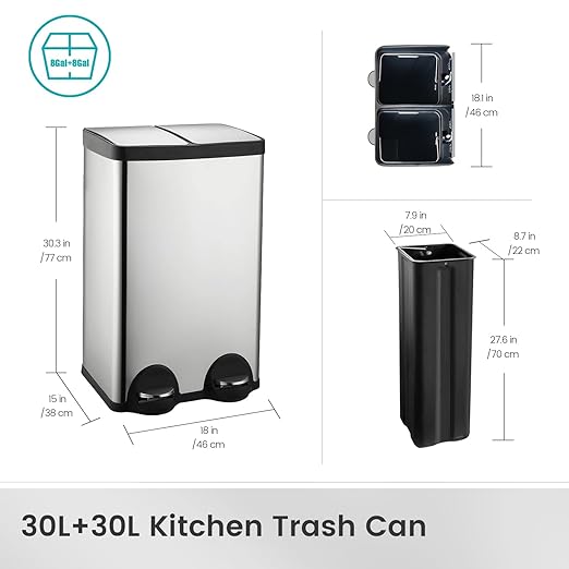 60 Liter (2x30L) 16 Gallon Dual Trash Can, Recycle Bins for Kitchen with 2 Compartments, Trash and Recycle Bin Combo, Soft Close Lid, Stainless Steel Trash Can