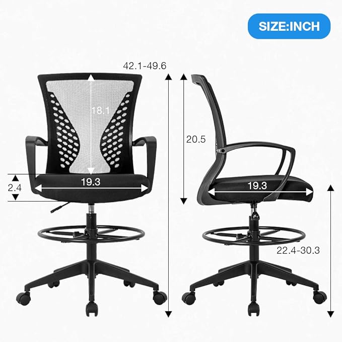 Drafting Chair Tall Office Chair Standing Desk Chair Adjustable Height with Arms Foot Rest Back Support Rolling Swivel Desk Chair Mesh Drafting Stool for Adults