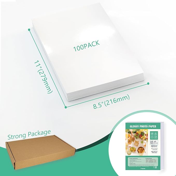 Glossy Photo Paper 8.5x11 48lb, 100 Pack, US Letter Size, for Inkjet Printer, 180 gsm