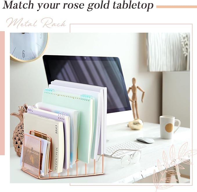 2 Pcs 7 Slot Incline File Sorter Metal Wire Mesh File Racks for Desktop Letter Sorter for Magazine Folder Book Organizer Home Office School Paper Mail Desk Storage Holder (Rose Gold)