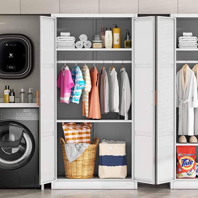 Greenvelly Metal Storage Wardrobe Cabinet, 72" White Metal Wardrobe Closet for Hanging Clothes with Doors and Shelves, Modern Steel Clothes Closet for Home, Office and Bedroom, School,Gym