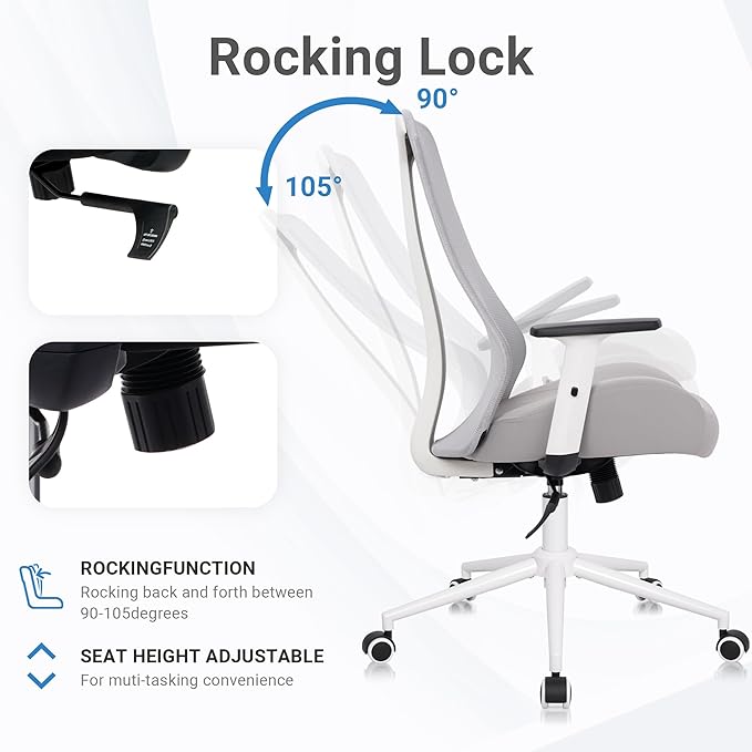 HYLONE Office Chair, 5" Thickened Seat Ergonomic Desk Chair with Adjustable Armrests, Home Office Computer Chairs for Long Hours Mesh Executive Chair(White Base&Grey)