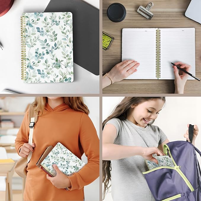 Cute Spiral Notebook journal B5 Aesthetic Pretty Design for Women Girls Kawaii with Pocket, 10 x 7.2 inch, Lined, Spring Leaves