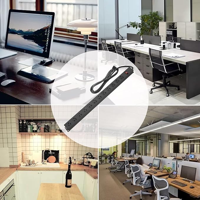 HHSOET Metal Wall Mount Power Strip, Mountable Power Outlet with 12 AC Outlets, Aluminum Alloy Mount Power Socket with Switch, 10 FT SJT 3/C 14AWG Power Cord, 15A 125V 1875W (12AC) Black