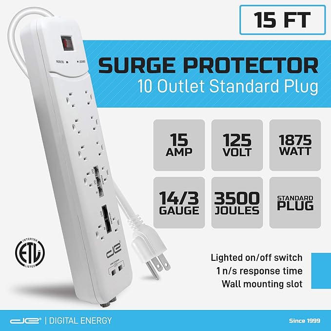 Digital Energy 10-Outlet Straight Plug 4050 Joules Heavy Duty Surge Protector (15 FT, WHT)