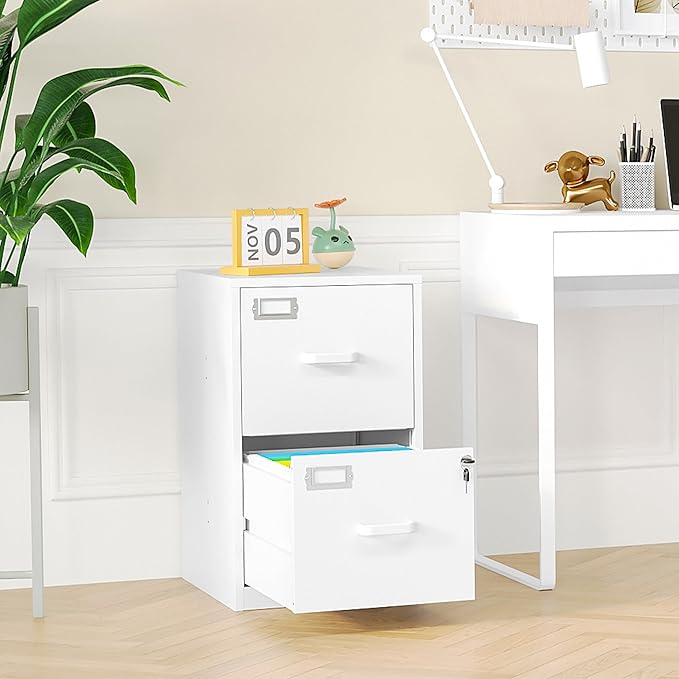 2 Drawer Vertical File Cabinet with Lock, White Metal, Under Desk, Easy Assemble