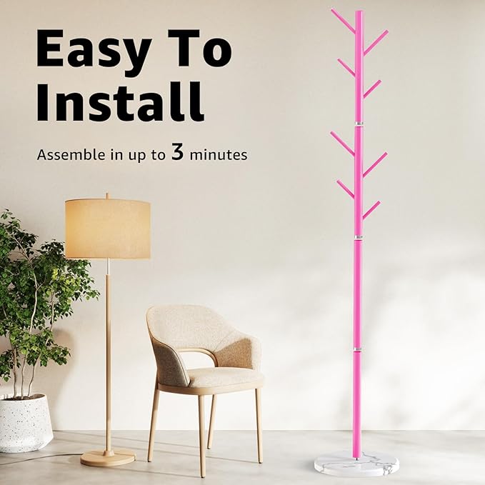 Coat Rack with Natural Marble Base, Metal Freestanding Coat Rack with 8 Hooks, 3 Adjustable Size Sturdy Coat Tree for Bags, Coats, and Hats for Entryway, Hallway, Bedroom, Office, Pink