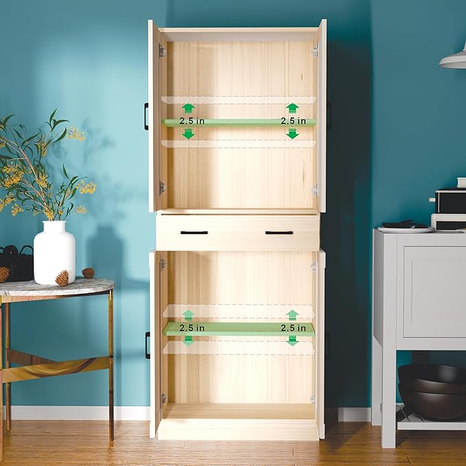 71" Tall Oak & Rattan Pantry Cabinet - Boho Chic Kitchen Storage with Doors & Drawer for Dining Room, Hallway or Kitchen Organization