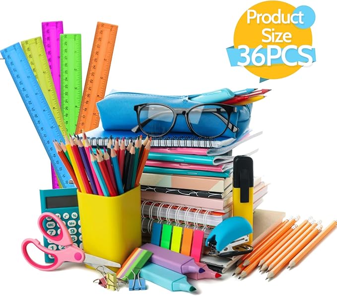 6PCS Clear Ruler, 12 Inch Plastic Rulers for School, Home, or Office, Clear Plastic Rulers, Assorted Colors.