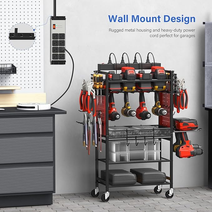 CCCEI Magnetic Heavy Duty Power Strip Surge Protector 20Amp, 12 Gauge High Amp Extension Outlets, Garage Wall Mount 8 Plug Metal Power Strip. 15FT, Grey, 5-15P Adapter 6-20R T-Slot 20a for Appliance