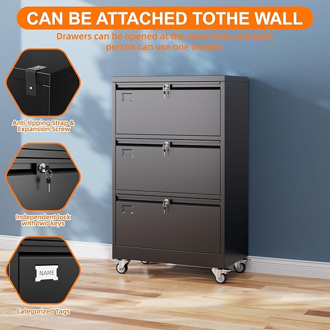 Aobabo 3 Drawer Lateral File Cabinet with Wheels,Metal Filing Cabinet with 3 Lock, for Home Office School Hanging Files Letter/Legal/F4/A4 Size, Assembly Required, Black