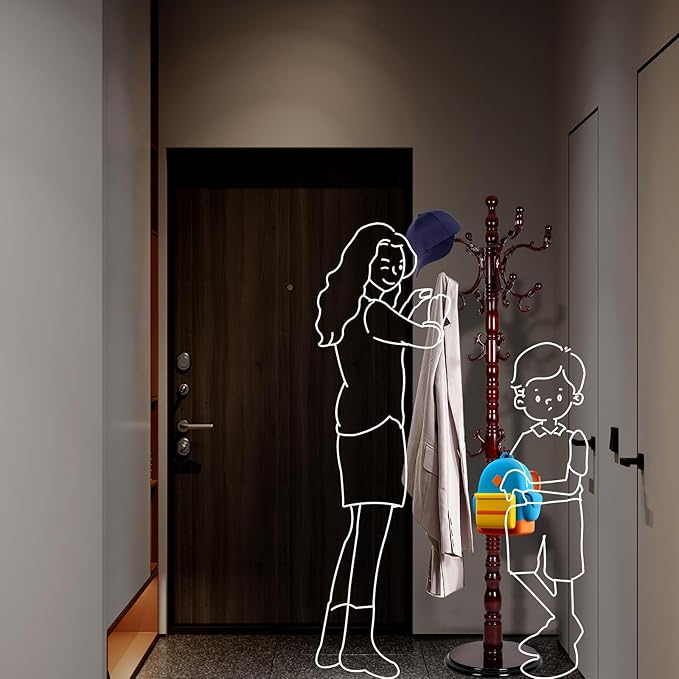 Coat Racks Free Standing with 14 Hooks, Natural Wood Coat Rack with Solid Round Base, Adjustable Height Coat Racks, Easy Assembly for Hallway, Bedroom and Office (Reddish brown)