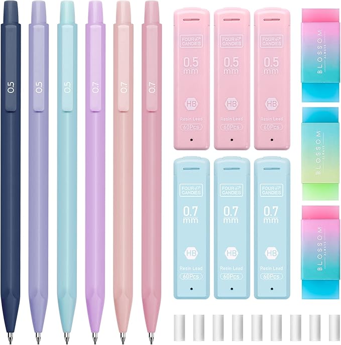 Four Candies Cute Mechanical Pencil Set, 6PCS Pastel Mechanical Pencils 0.5 & 0.7mm with 360PCS HB Leads, 3PCS Erasers and 9PCS Eraser Refills, Aesthetic School Supplies for Girls Writing