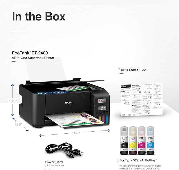 Epson EcoTank ET-2400 Wireless Color All-in-One Cartridge-Free Supertank Printer with Scan and Copy – Easy, Everyday Home Printing, Black
