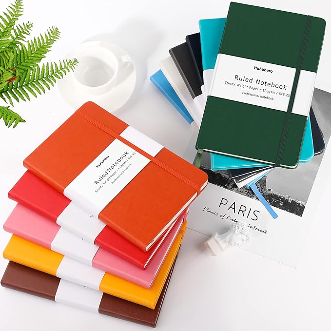 Huhuhero 10 Colors Lined Journal Notebook, A5 Hardcover Notebooks for Work, 120GSM Thick Paper, 128 Pages College Ruled Notebook for Writing Business Journaling, 5"×8.25"