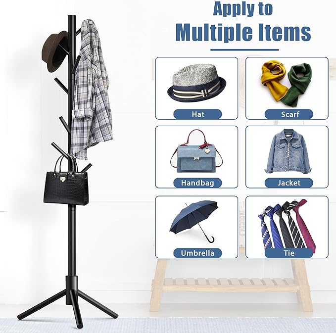 Haddockway Wooden Coat Rack Stand with 8 Hooks New Zealand Pine 3 Adjustable Coat Standing Tree Easy Assembly for Coats, Hats, Scarves and Handbags for Entryway, Hallway, Bedroom, Office